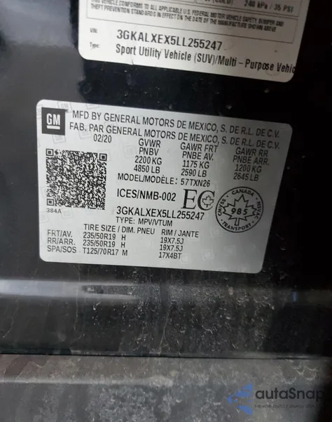 2020 GMC Terrain Denali z USA, uszkodzony, nr VIN 3GKALXEX5LL255247